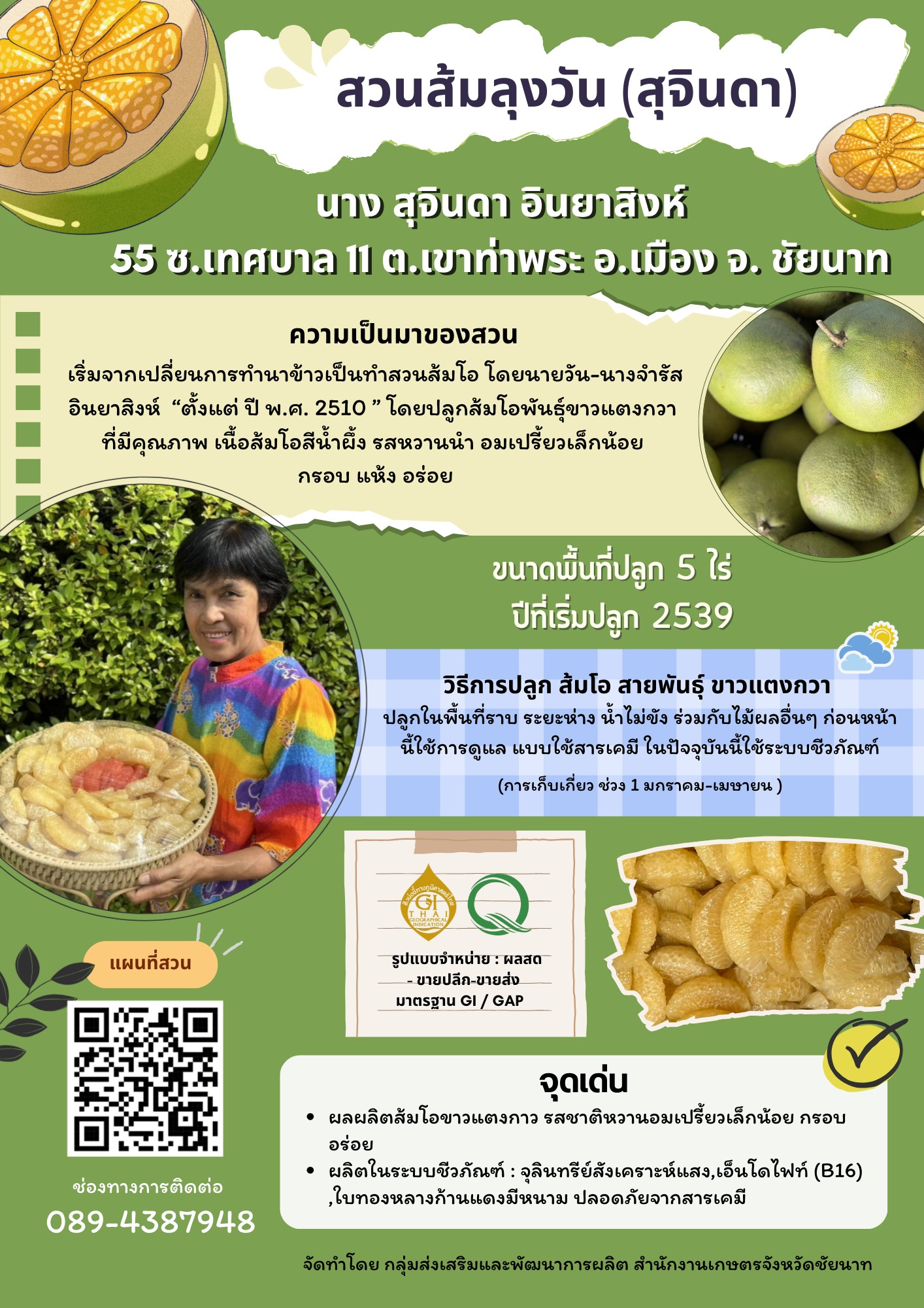 สวนส้มโอลุงวัน (สุจินดา) (ส้มโอขาวแตงกวา : ผลไม้ GI ของดีประจำจังหวัดชัยนาท)
